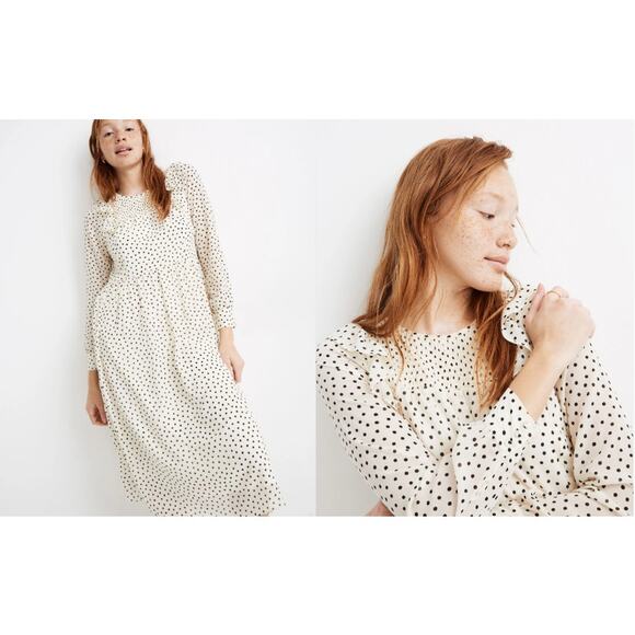 Madewell Smocked Ruffle-Shoulder Midi Dress in Inkbrush Dots Size Medium - Picture 1 of 9